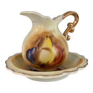 Vintage Arimark Japan Hand Painted Mini Pitcher and Saucer Set Gold Handle